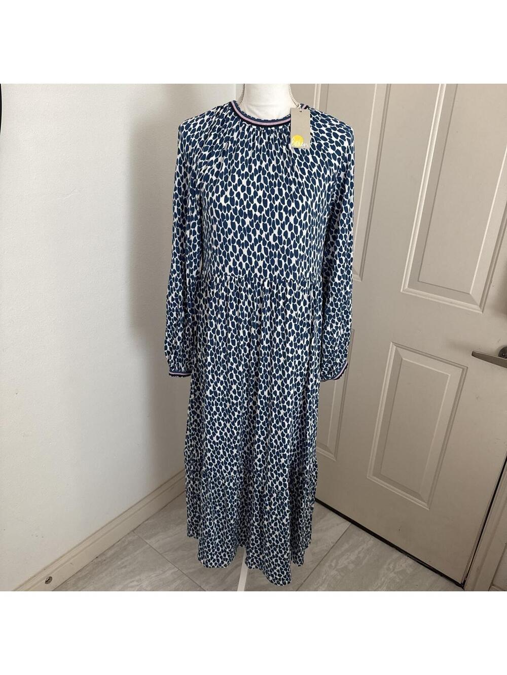 NWT BODEN Emma jersey long sleeve white navy dress